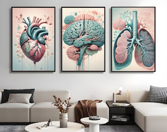 Pastel Anatomy Prints Set: Brain, Heart, Lungs Wall Art