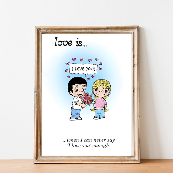 Love is Cartoon Poster, Romantic Wall Decor, Love Quote Art Print