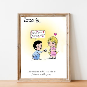 Love is Cartoon Poster, Decorazione murale romantica, Stampa artistica con citazione d'amore, Regalo per San Valentino, Idee per proposte di matrimonio, Kim Casali, Decorazioni per matrimoni