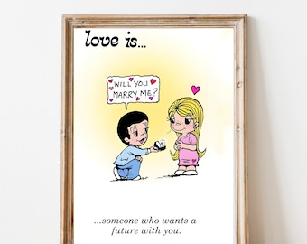 Love is Cartoon Poster, Romantic Wall Decor, Love Quote Art Print, Valentine&#39;s Day Gift, Marriage Proposal Ideas, Kim Casali, Wedding decor