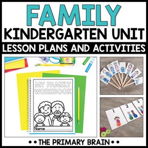 May include: A colorful educational resource for kindergarten, featuring the text "FAMILY KINDERGARTEN UNIT LESSON PLANS AND ACTIVITIES." Includes a workbook titled "MY FAMILY WORKBOOK," family-themed illustrations, and activity cards with buttons.
