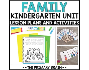 May include: A colorful educational resource for kindergarten, featuring the text "FAMILY KINDERGARTEN UNIT LESSON PLANS AND ACTIVITIES." Includes a workbook titled "MY FAMILY WORKBOOK," family-themed illustrations, and activity cards with buttons.
