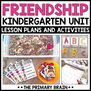 Puede incluir: Un recurso educativo colorido para jardín de infancia con el texto "FRIENDSHIP KINDERGARTEN UNIT LESSON PLANS AND ACTIVITIES". La imagen incluye varias actividades de aprendizaje, como tarjetas del alfabeto, un contenedor sensorial y una "Friendship Stew Recipe".