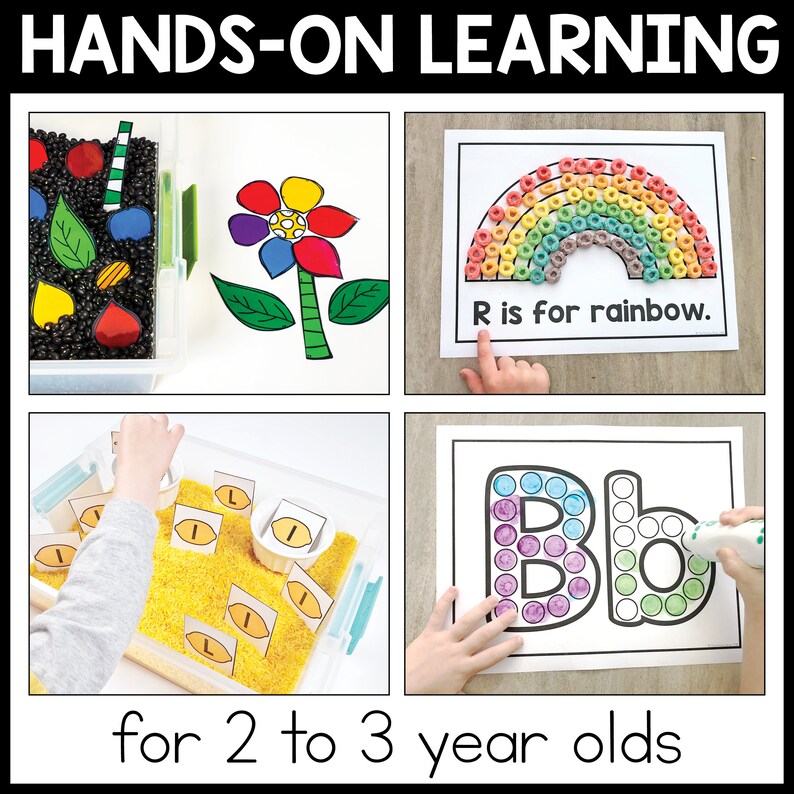 Hands-on learning for 2 to 3 year olds. 4 toddler activities are shown in photos.
