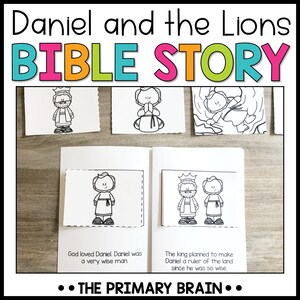 May include: Black and white illustrations of scenes from the Bible story of Daniel and the Lions. The illustrations depict Daniel praying, Daniel in the lion's den, and Daniel being rescued by an angel. The text "God loved Daniel. Daniel was a very wise man." and "The king planned to make Daniel a ruler of the land since he was so wise." are included in the image.