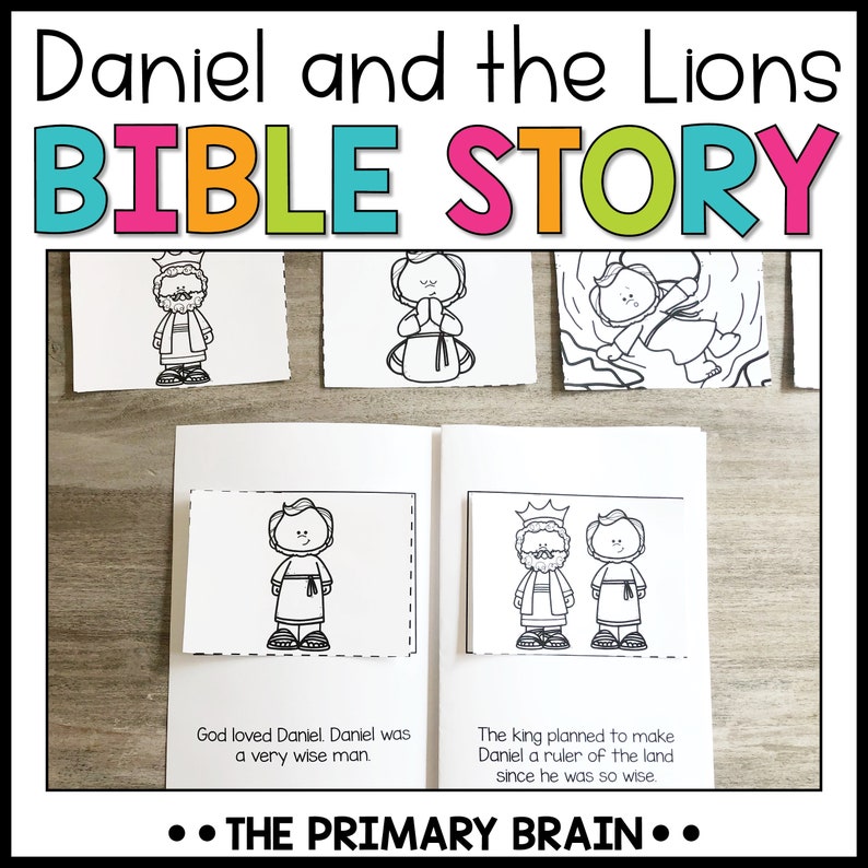 May include: Black and white illustrations of scenes from the Bible story of Daniel and the Lions. The illustrations depict Daniel praying, Daniel in the lion's den, and Daniel being rescued by an angel. The text "God loved Daniel. Daniel was a very wise man." and "The king planned to make Daniel a ruler of the land since he was so wise." are included in the image.