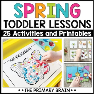 May include: A set of 25 spring-themed toddler activities and printables. The image shows three activities: a dot-to-dot butterfly, a number matching game with spring-themed images, and a flower puzzle.