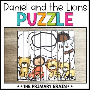 May include: A 10-piece puzzle featuring Daniel in the lion's den. The puzzle pieces are numbered 1 through 10. The image includes Daniel, lions, an angel, and a cave. The text "Daniel and the Lions PUZZLE" is at the top of the image. The text "THE PRIMARY BRAIN" is at the bottom of the image.