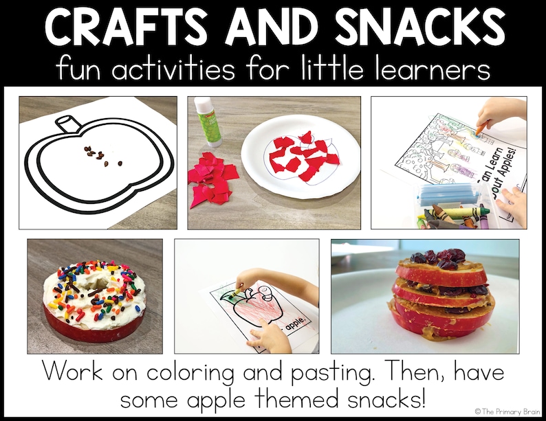 May include: A collage of images showing apple-themed crafts and snacks for kids. The crafts include coloring pages, paper apple mosaics, and apple-shaped cutouts. The snacks include apple slices with peanut butter and cranberries, apple donuts with sprinkles, and apple slices with cream cheese.