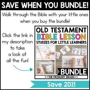 May include: A colorful graphic for an Old Testament Bible Lesson Studies for Little Learners bundle. The graphic features a hand holding a card with the text "And God said, "I will be with you." Exodus 3:12" and a child's hand holding a card with the text "Garden" and an illustration of Adam and Eve in the Garden of Eden. The graphic also includes the text "Save 20%!" and "The Primary Brain."