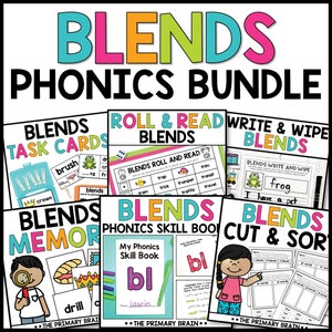 May include: A colourful printable phonics bundle for kids featuring blends. The bundle includes task cards, roll and read, write and wipe, memory, phonics skill book, and cut and sort activities. The text "Blends Phonics Bundle" is at the top of the image.