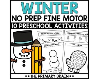 May include: A colorful educational resource for preschool activities. The image features a snowman illustration with a pencil, and text that reads "WINTER NO PREP FINE MOTOR 10 PRESCHOOL ACTIVITIES". Includes activity sheets for design, cutting, and dotting.