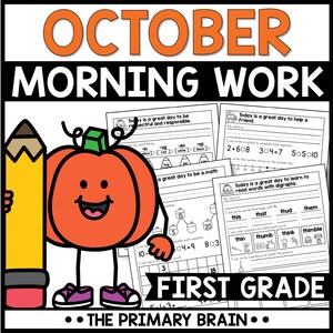 Op de afbeelding: Een kleurrijke educatieve afbeelding voor groep 1, met een lachende pompoen en een potlood. De tekst luidt "OCTOBER MORNING WORK" en bevat werkbladen met reken- en leesopdrachten. Het Primary Brain-logo staat onderaan.