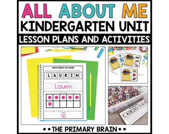 May include: A colorful educational resource titled "ALL ABOUT ME KINDERGARTEN UNIT LESSON PLANS AND ACTIVITIES." The image includes worksheets, pencils, and manipulatives for early childhood learning. The Primary Brain is the creator.