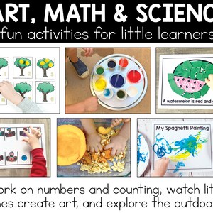 The title says Art, Math & Science fun activities for little learners. Work on numbers and counting, watch little ones create art, and explore the outdoors!