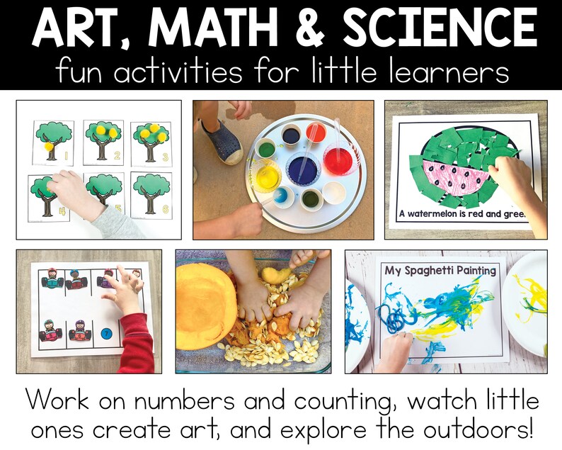 The title says Art, Math & Science fun activities for little learners. Work on numbers and counting, watch little ones create art, and explore the outdoors!