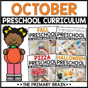 Op de afbeelding: Een illustratie voor een oktober kleuterschool curriculum. De afbeelding toont een cartoonkind met een pompoen, met de tekst "OKTOBER KLEUTERSCHOOL CURRICULUM" bovenaan. Daaronder staan vier kleinere afbeeldingen met titels als "HERFST KLEUTERSCHOOL" en "HALLOWEEN KLEUTERSCHOOL".