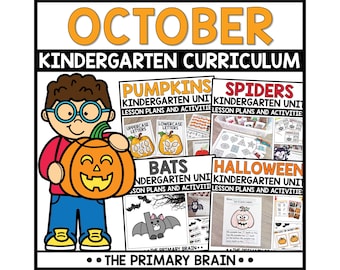 May include: An educational curriculum set for October kindergarten featuring a cartoon character holding a jack-o'-lantern. The materials include lesson plans and activities for units on pumpkins, spiders, bats, and Halloween by The Primary Brain.