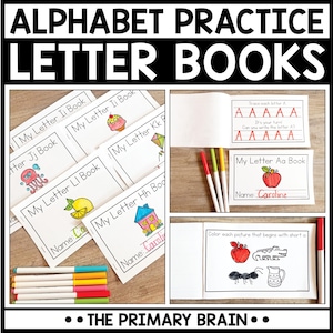 May include: A set of alphabet practice letter books with the text "ALPHABET PRACTICE LETTER BOOKS". The books include illustrations and prompts for tracing and colouring. One book is labelled "My Letter Aa Book" with "Name: Caroline" written on it.