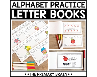 May include: A collection of alphabet practice letter books with colorful illustrations and the text "ALPHABET PRACTICE LETTER BOOKS". The books feature various images and prompts for tracing and coloring, with the text "My Letter Aa Book" and "Name: Caroline".