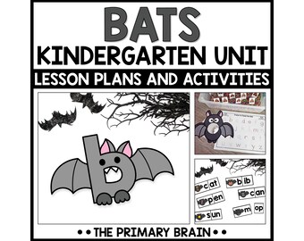 May include: A black and white educational resource titled "BATS KINDERGARTEN UNIT LESSON PLANS AND ACTIVITIES". The image features bat illustrations, a letter "b" bat, and activity examples with words like "cat" and "pen".