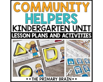 May include: A Community Helpers Kindergarten Unit lesson plan and activity set featuring printed cards with illustrations of workers, shapes, and words. Yellow playdough forms shapes on cards, alongside worksheets showing fire trucks and word cards.
