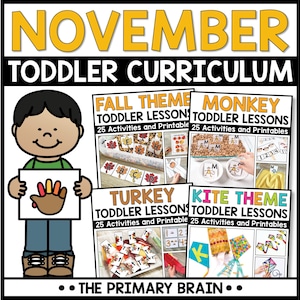 Pode incluir: Gráfico educacional colorido com o texto "NOVEMBER TODDLER CURRICULUM". Apresenta uma criança de desenho animado segurando um desenho de impressão de mão. A imagem inclui planos de aula com temas como Outono, Macaco, Peru e Pipa.