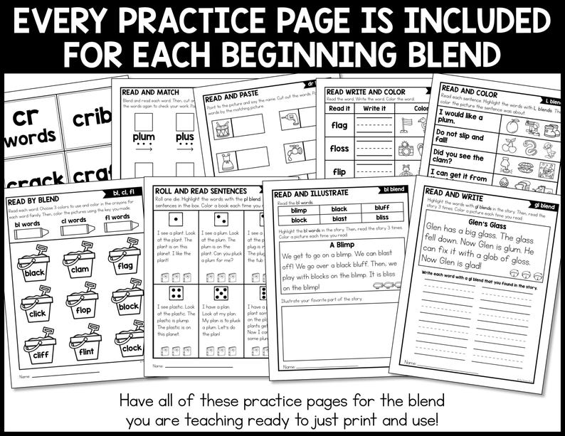 Beginning Blends Fluency NO PREP Phonics Practice Worksheets - Etsy