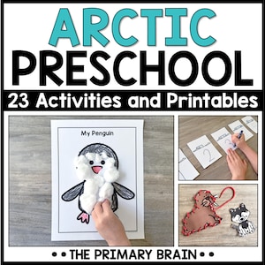 Könnte beinhalten: Arktische Vorschule: 23 Aktivitäten und Ausdrucke. Eine bunte Grafik mit einem Pinguin-Bastelprojekt, einer Zahlen-Spuraktivität und einem Filztier-Bastelprojekt.