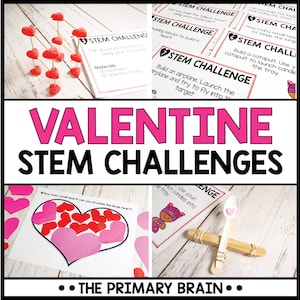 Op de afbeelding: Valentijnsdag STEM-uitdagingsactiviteitskaarten met een roze hartontwerp. De kaarten bevatten verschillende STEM-uitdagingen voor kinderen om te voltooien, zoals het bouwen van een katapult, het lanceren van een vliegtuig en het bouwen van een hart uit bouwstenen. De kaarten zijn gedrukt op wit karton en hebben een zwart-wit ontwerp.