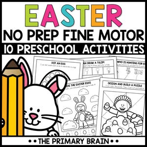 May include: A black and white educational worksheet set for Easter-themed preschool activities. The title "EASTER" is in bright colors. The set includes coloring pages, puzzles, and fine motor skill exercises. A yellow pencil and a cartoon bunny are on the left.