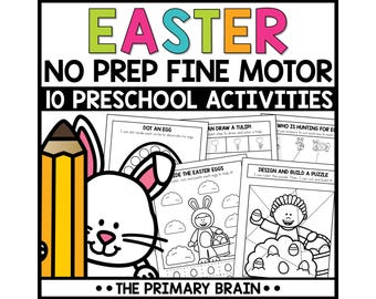 May include: A black and white educational worksheet set for Easter-themed preschool activities. The title "EASTER" is in bright colors. The set includes coloring pages, puzzles, and fine motor skill exercises. A yellow pencil and a cartoon bunny are on the left.