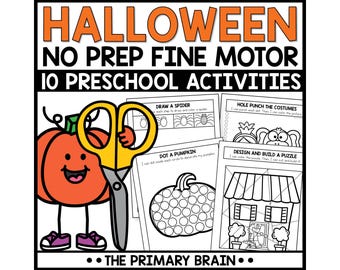 May include: A Halloween-themed educational resource with the text "HALLOWEEN NO PREP FINE MOTOR 10 PRESCHOOL ACTIVITIES." The image includes a cartoon pumpkin, scissors, and activity sheets for drawing, dotting, and puzzles. The Primary Brain logo is at the bottom.