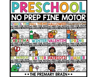 May include: A colorful educational poster with the words "PRESCHOOL" and "NO PREP FINE MOTOR" at the top. Below are themed activity sheets for various seasons and holidays, including School Time, Halloween, and Christmas. The Primary Brain logo is at the bottom.