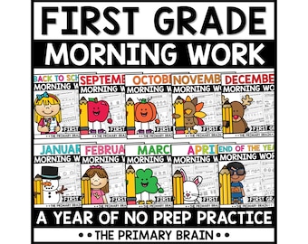 May include: A collection of educational workbooks titled FIRST GRADE MORNING WORK, featuring twelve monthly covers from Back to School through End of the Year. Each cover displays a colorful cartoon character, a large yellow pencil, and the month name.