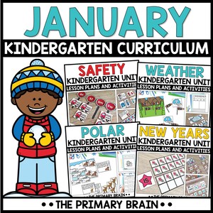 Könnte beinhalten: Ein pädagogisches Lehrmaterial für den Kindergarten im Januar mit einer Zeichentrickfigur in Winterkleidung und vier Einheiten mit den Titeln Safety, Weather, Polar und New Years, inklusive Unterrichtsplänen und Aktivitäten.