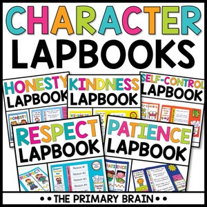 May include: Colorful printable character lapbooks for kids. The lapbooks feature the words "Honesty", "Kindness", "Self-Control", "Respect", and "Patience". The lapbooks are designed to help children learn about important character traits.