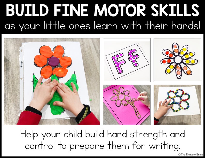 The title says: BUILD FINE MOTOR SKILLS as your little ones learn with their hands! Help your child build hand strength and control to prepare them for writing. Two images are shown of a child completing a fine motor activity.