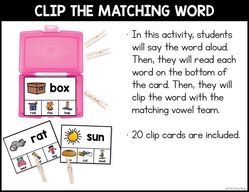 Vowel Teams Clip Cards for Phonics Task Card Boxes, Literacy Centers ...