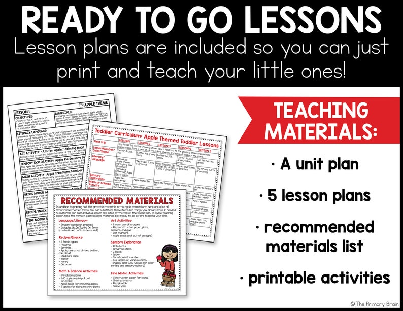 May include: A printable set of lesson plans for toddlers with an apple theme. The set includes a unit plan, 5 lesson plans, a recommended materials list, and printable activities. The lesson plans are organized in a table format with headings for each lesson, including "Letter/Number of the Day", "Sensory Exploration", "Math & Science Activities", and "Fine Motor Activities".