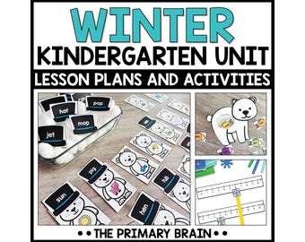 May include: A Winter Kindergarten Unit lesson plan and activity set featuring printable cards with bears, top hats, and fish. The materials include word cards like hat, mop, jet, pig, sun, and hen, plus a number line and a polar bear cutout.