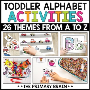 The title says Toddler Alphabet Activities: 26 Themes from A to Z. 4 photos are included. A child is driving paper cars along a road. A child is dabbing dot markers on a letter B. Two sensory bins are shown.
