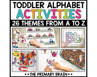 May include: A collage of images showing different activities for toddlers to learn the alphabet. The images include a child completing a dot-to-dot activity, a child matching cars to a road, a child sorting pom-poms into a container, and a child completing a puzzle. The text "TODDLER ALPHABET ACTIVITIES 26 THEMES FROM A TO Z" is at the top of the collage.