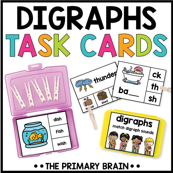 Digraphs Clip Cards for Phonics Task Card Boxes, Literacy Centers Activities