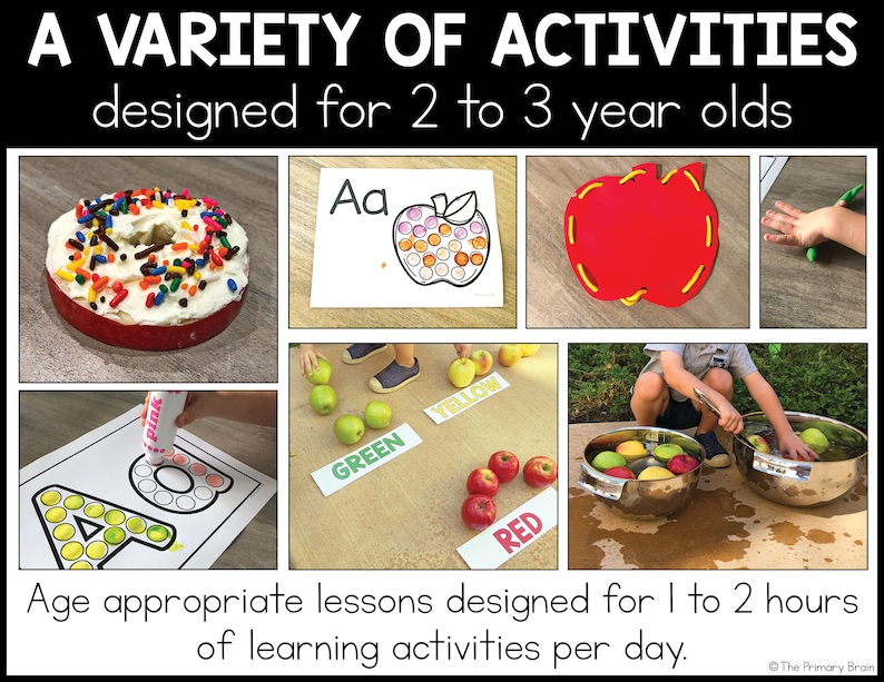 May include: A collage of images showing various activities for toddlers, including a donut with sprinkles, a letter A with a red apple, a red apple with stitching, a child playing with play dough, a child sorting apples by color, and a child playing with water and apples.