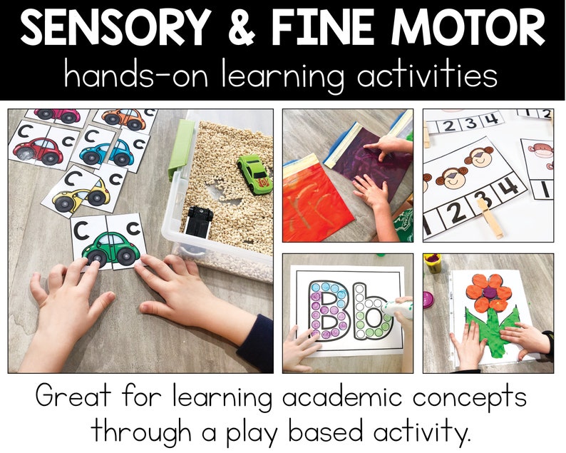The title says Sensory & Fine Motor hands-on learning activities. Great for learning academic concepts through a play based activity.