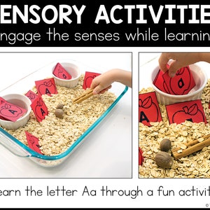 May include: A sensory activity for learning the letter 'A' using red apple-shaped cards with the letter 'A' printed on them, placed in a glass baking dish filled with oats. A child's hand is shown picking up a card from a white bowl.
