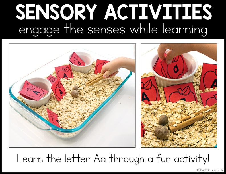 May include: A sensory activity for learning the letter 'A' using red apple-shaped cards with the letter 'A' printed on them, placed in a glass baking dish filled with oats. A child's hand is shown picking up a card from a white bowl.