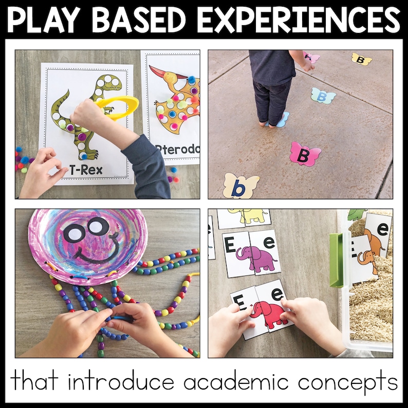 Play based experiences that introduce academic concepts. 4 toddler activities photos are shown.