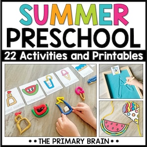 Peut inclure: Une image colorée avec le texte "SUMMER PRESCHOOL 22 Activities and Printables" en haut. L'image montre une variété d'activités sur le thème de l'été pour les enfants d'âge préscolaire, y compris des activités de pâte à modeler, des activités de bac à sable et des activités d'artisanat. L'image comprend également le texte "THE PRIMARY BRAIN" en bas.